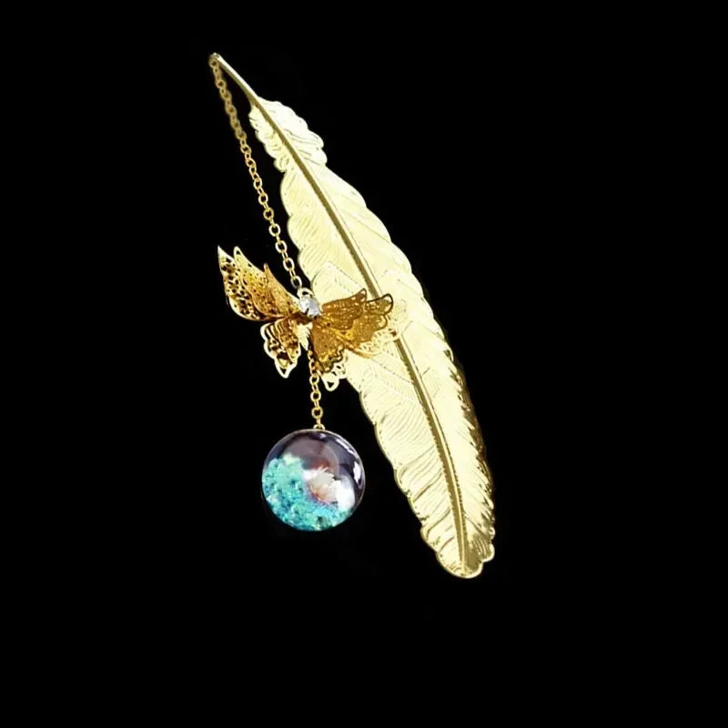 Bookmark Chinese Style Metal Feather With Dried Flowers
