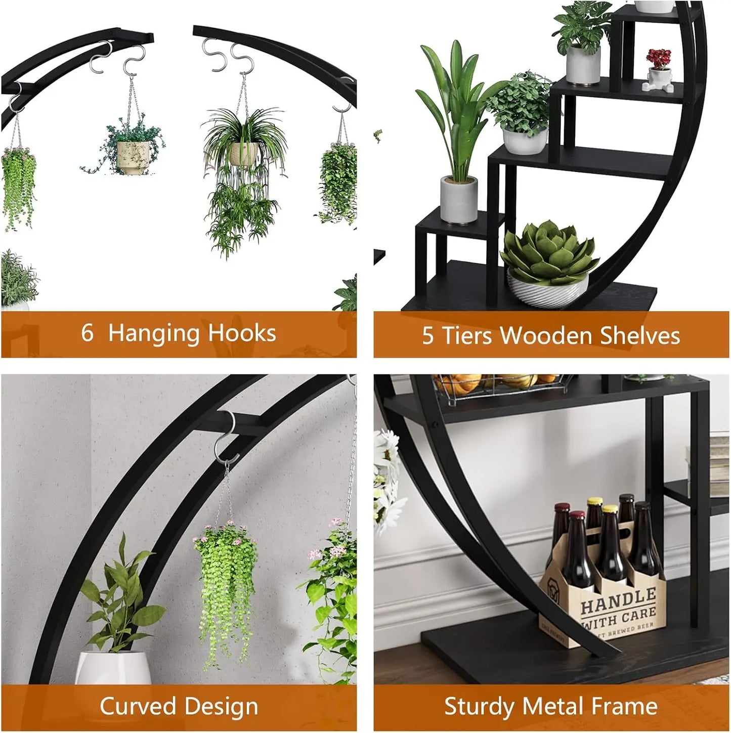 HiMISS Plant Stand 5-Tier Half Moon Metal With Hanging Hooks