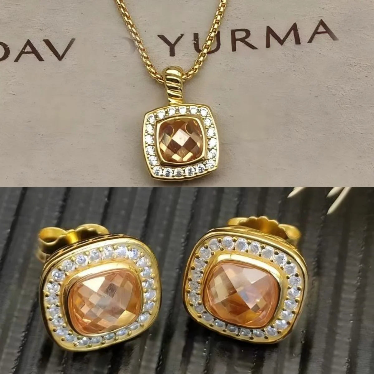 Necklace and Earrings Set With Zircon Square Pendant