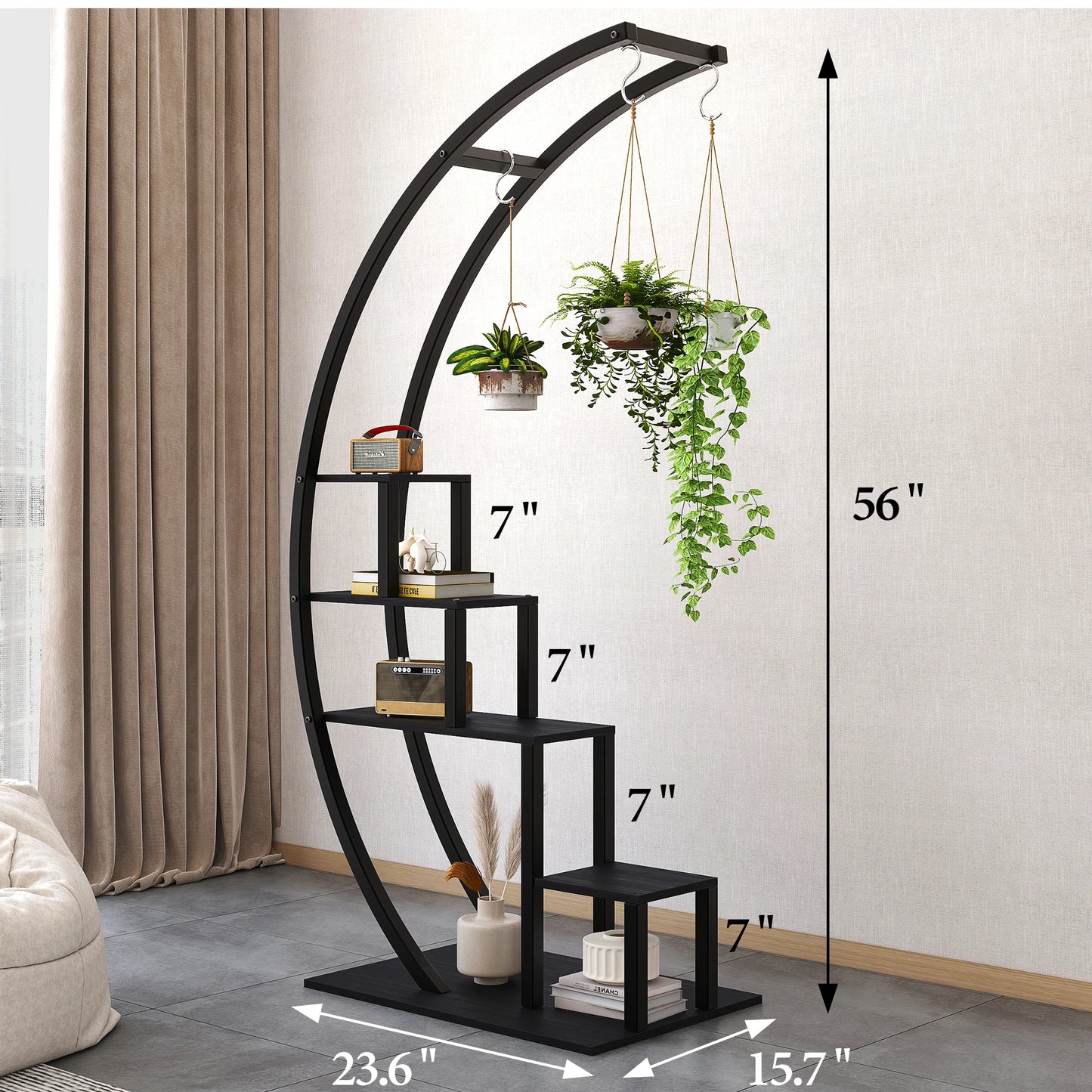 HiMISS Plant Stand 5-Tier Half Moon Metal With Hanging Hooks