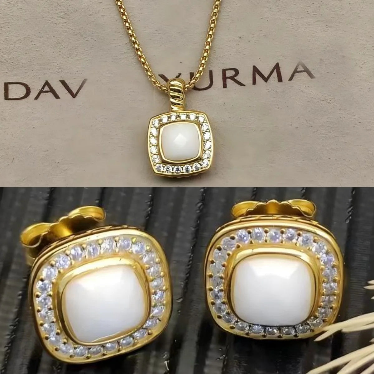 Necklace and Earrings Set With Zircon Square Pendant