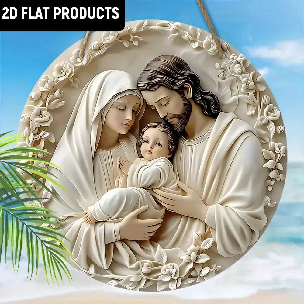 Wooden Round Hanging Sign Baptism Theme Family Decor