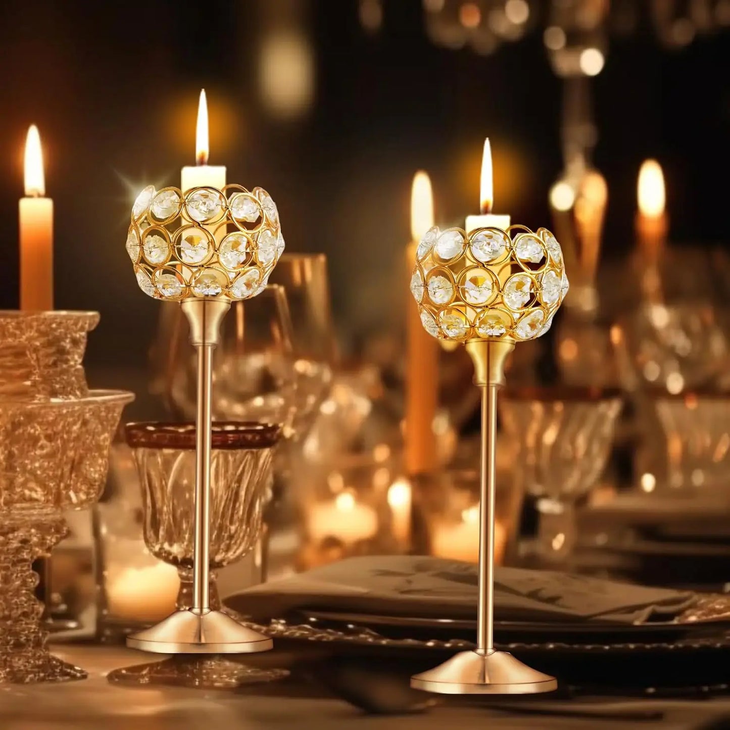 Tealight Candlestick Set Golden Crystal Elegant Home Decor