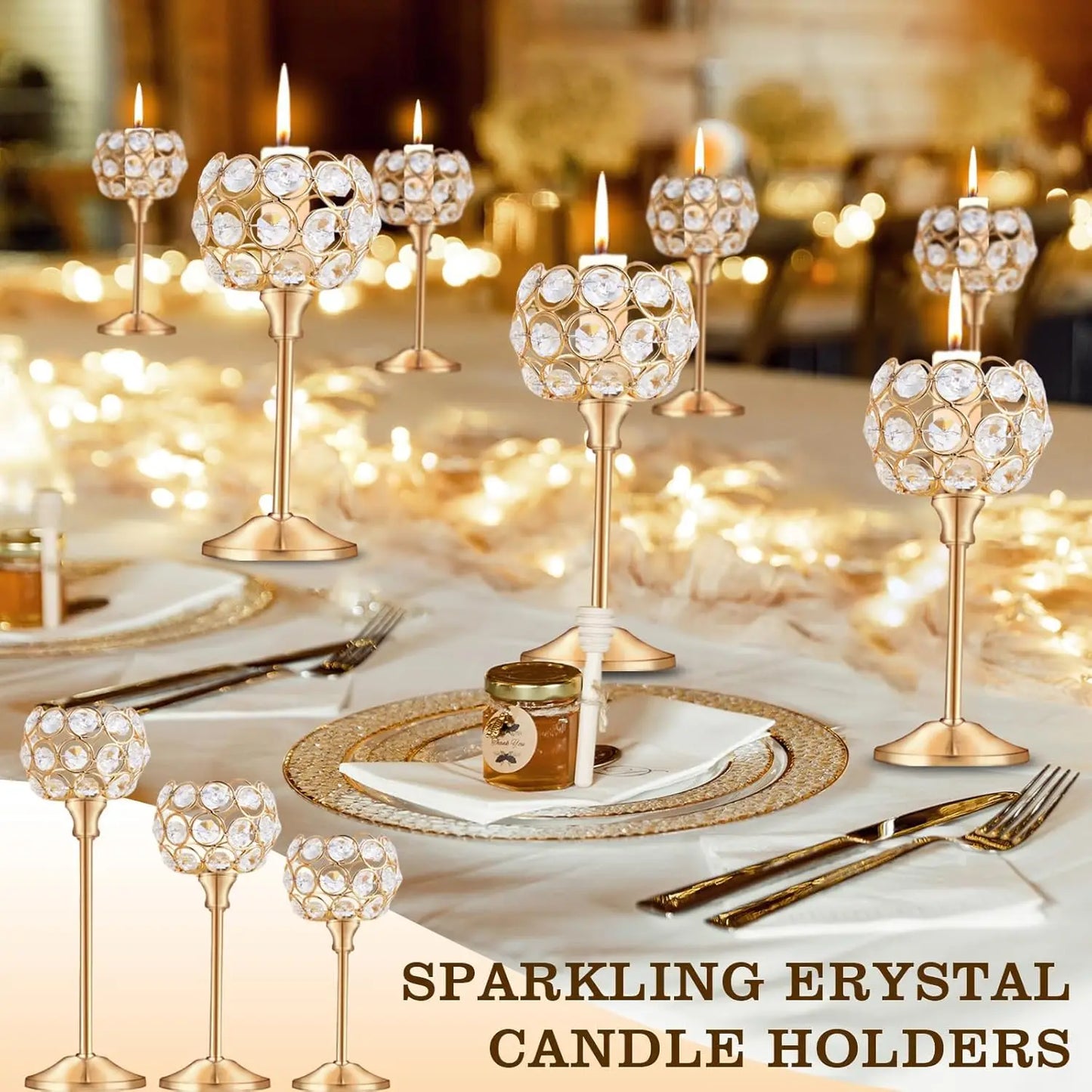 Tealight Candlestick Set Golden Crystal Elegant Home Decor