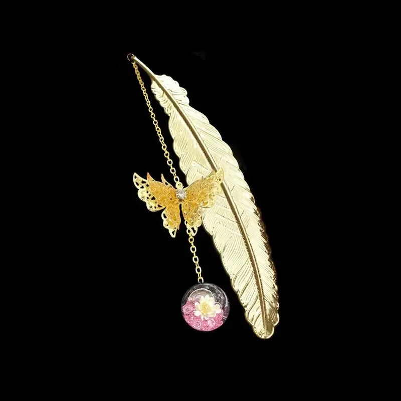 Bookmark Chinese Style Metal Feather With Dried Flowers