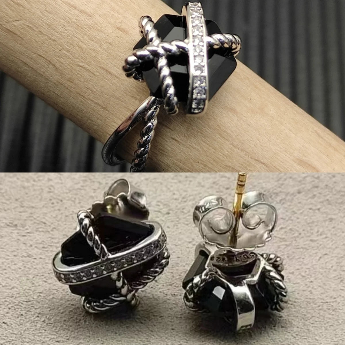 Ring Set In Sterling Silver With Hexagonal Zircon Studs