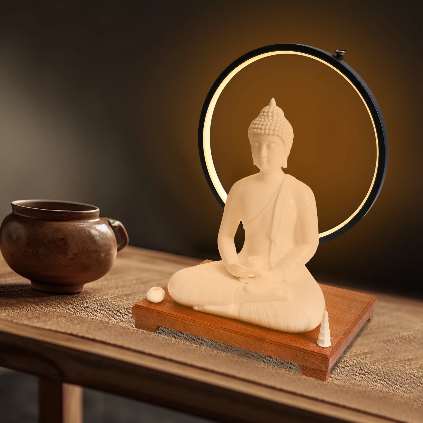 Bymaocar Ceramic Buddha Statue With LED Halo Dimmer
