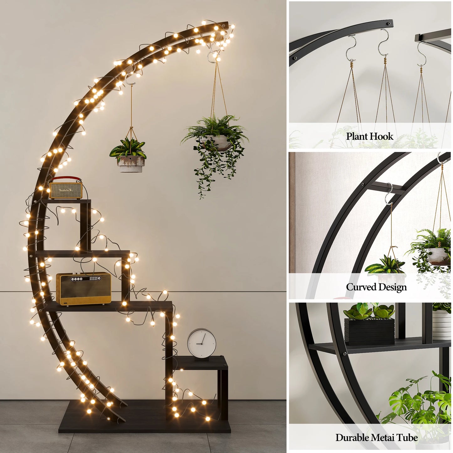 HiMISS Plant Stand 5-Tier Half Moon Metal With Hanging Hooks