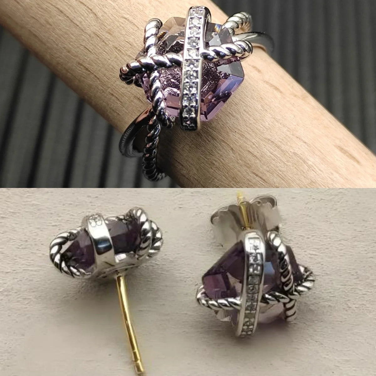 Ring Set In Sterling Silver With Hexagonal Zircon Studs
