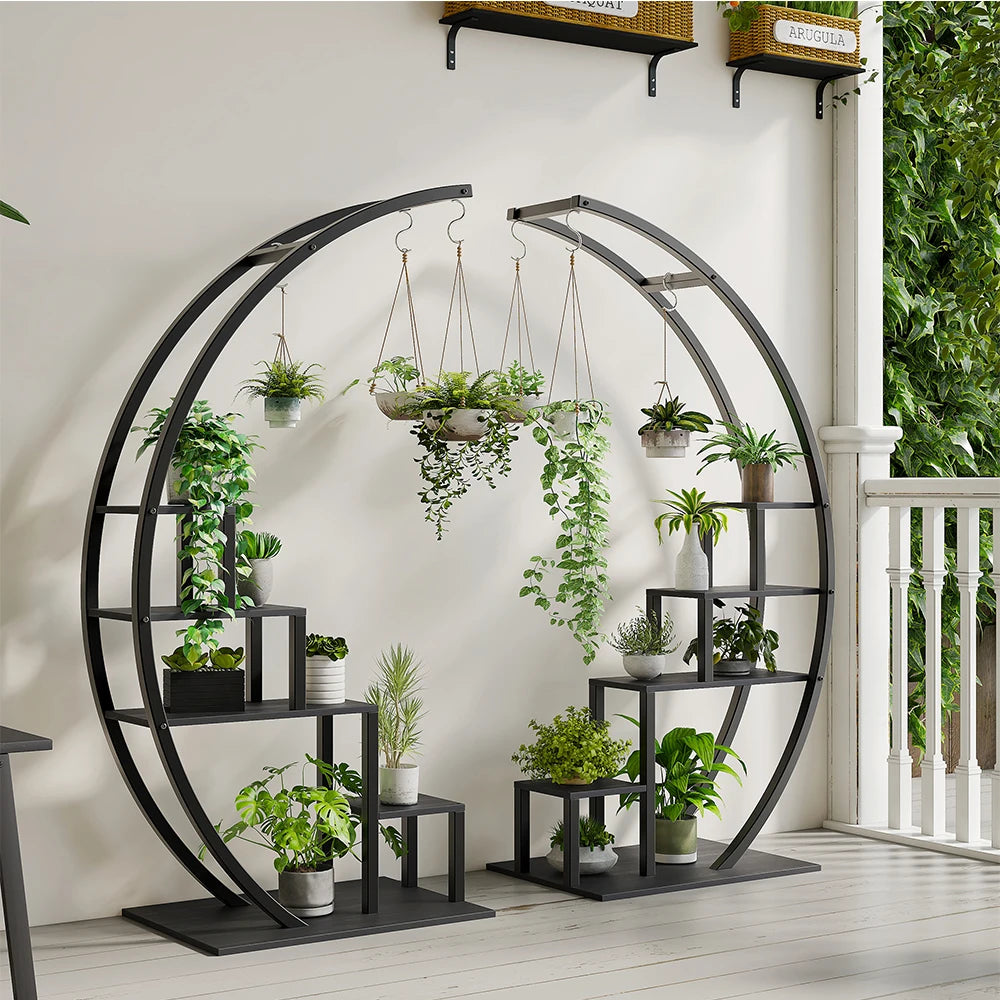HiMISS Plant Stand 5-Tier Half Moon Metal With Hanging Hooks