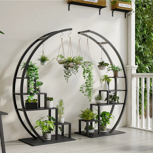HiMISS Plant Stand 5-Tier Half Moon Metal With Hanging Hooks