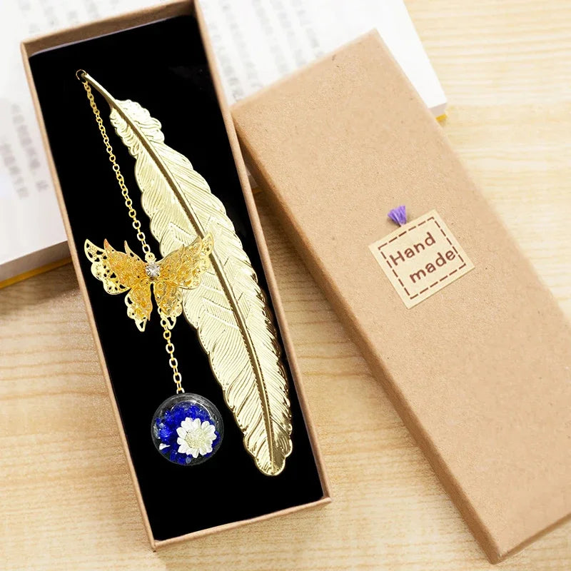 Bookmark Chinese Style Metal Feather With Dried Flowers