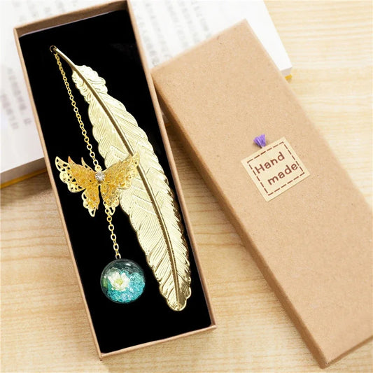 Bookmark Chinese Style Metal Feather With Dried Flowers