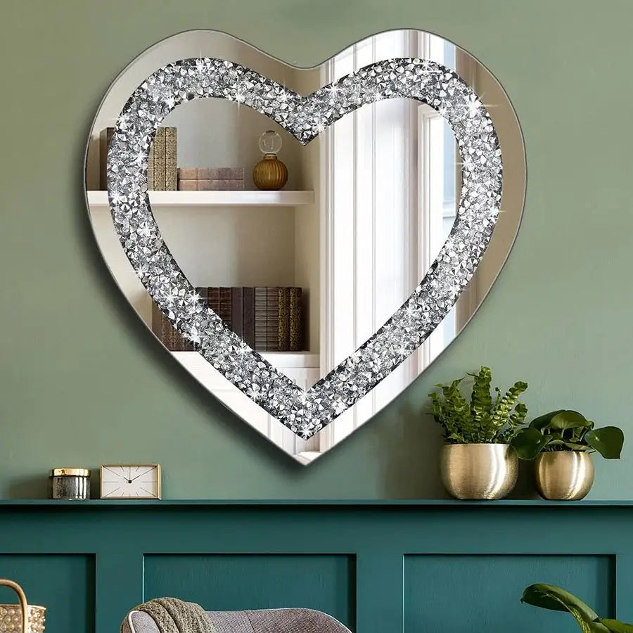 Heart Shaped Frameless Mirror With Crystal Sparkle Accents
