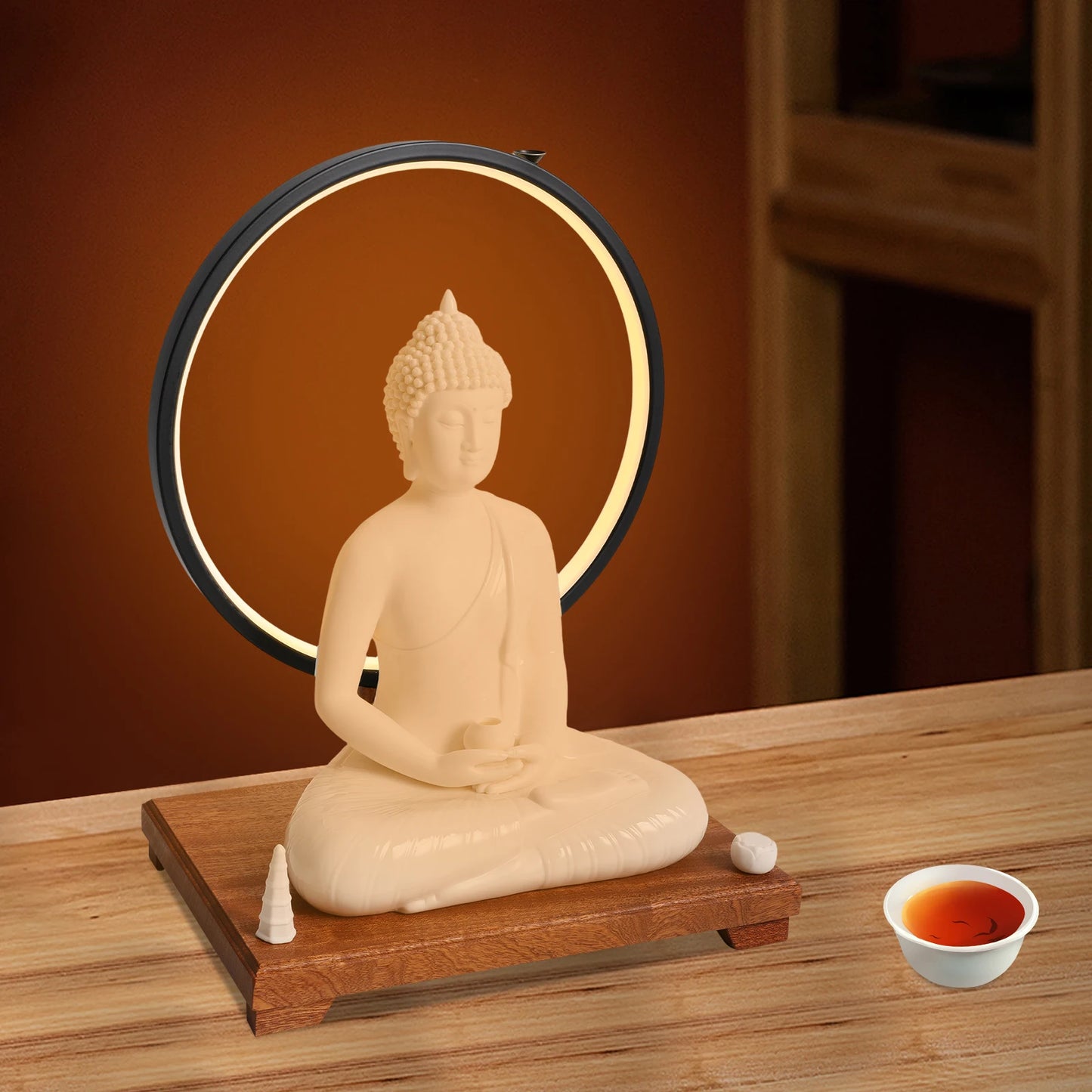 Bymaocar Ceramic Buddha Statue With LED Halo Dimmer