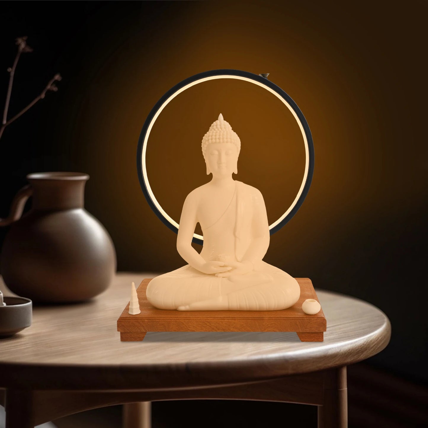 Bymaocar Ceramic Buddha Statue With LED Halo Dimmer