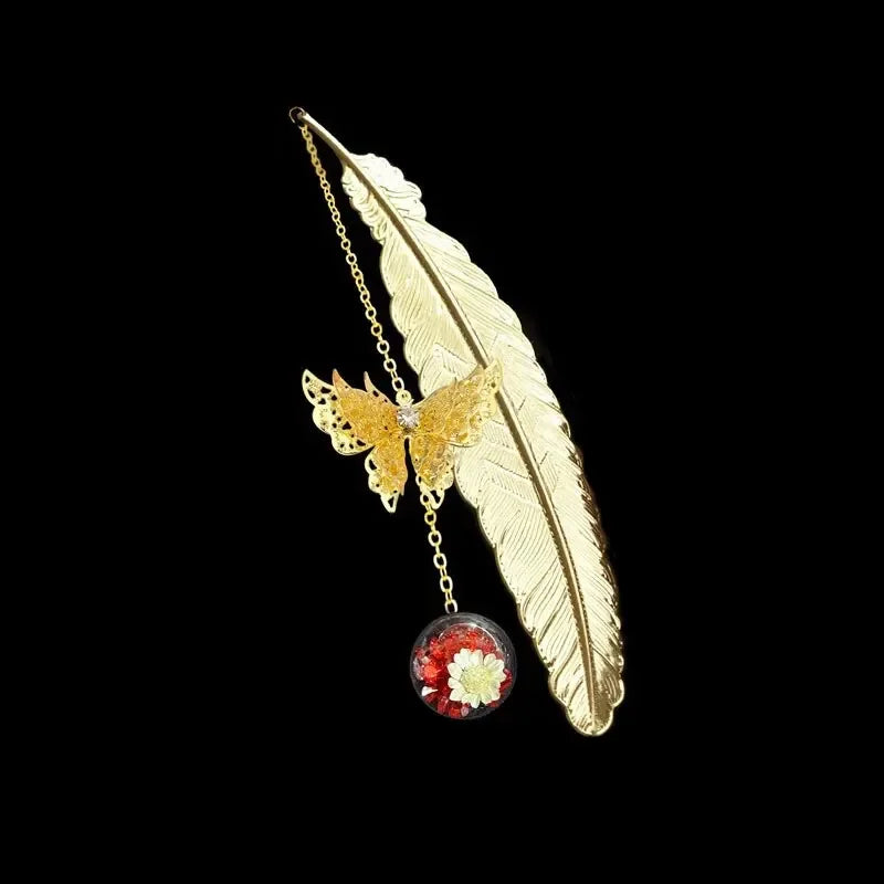 Bookmark Chinese Style Metal Feather With Dried Flowers