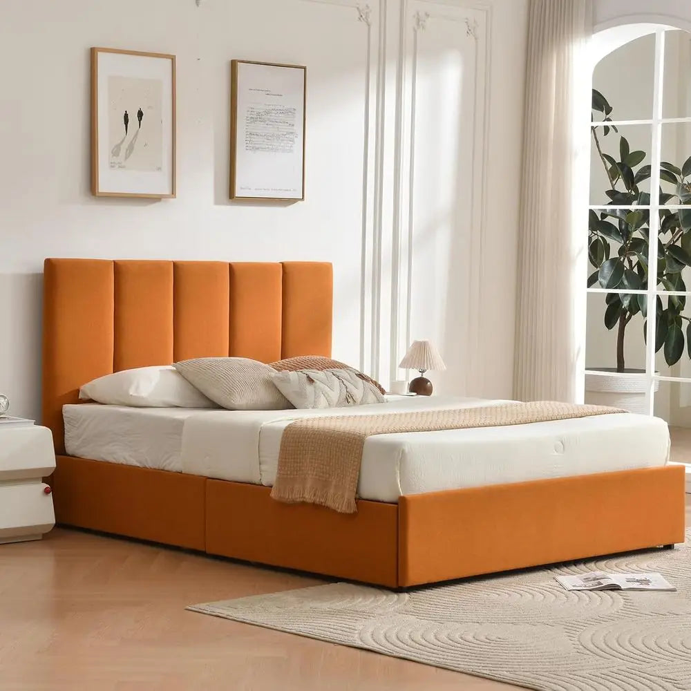 Bed Frame With Velvet Surface, Platform Style, Storage Drawers