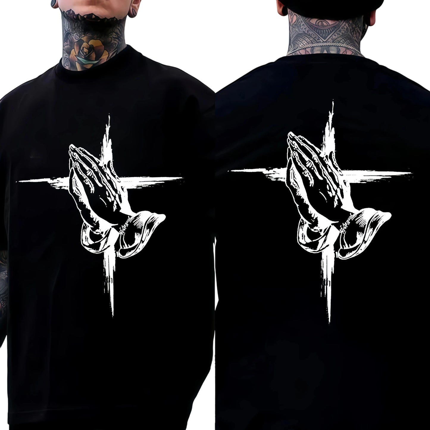 Men's Casual T-Shirt With Praying Hands Cross Print Cotton