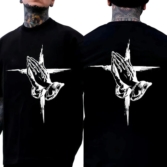 Men's Casual T-Shirt With Praying Hands Cross Print Cotton