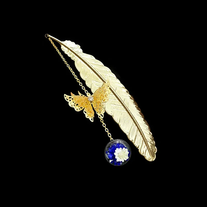 Bookmark Chinese Style Metal Feather With Dried Flowers