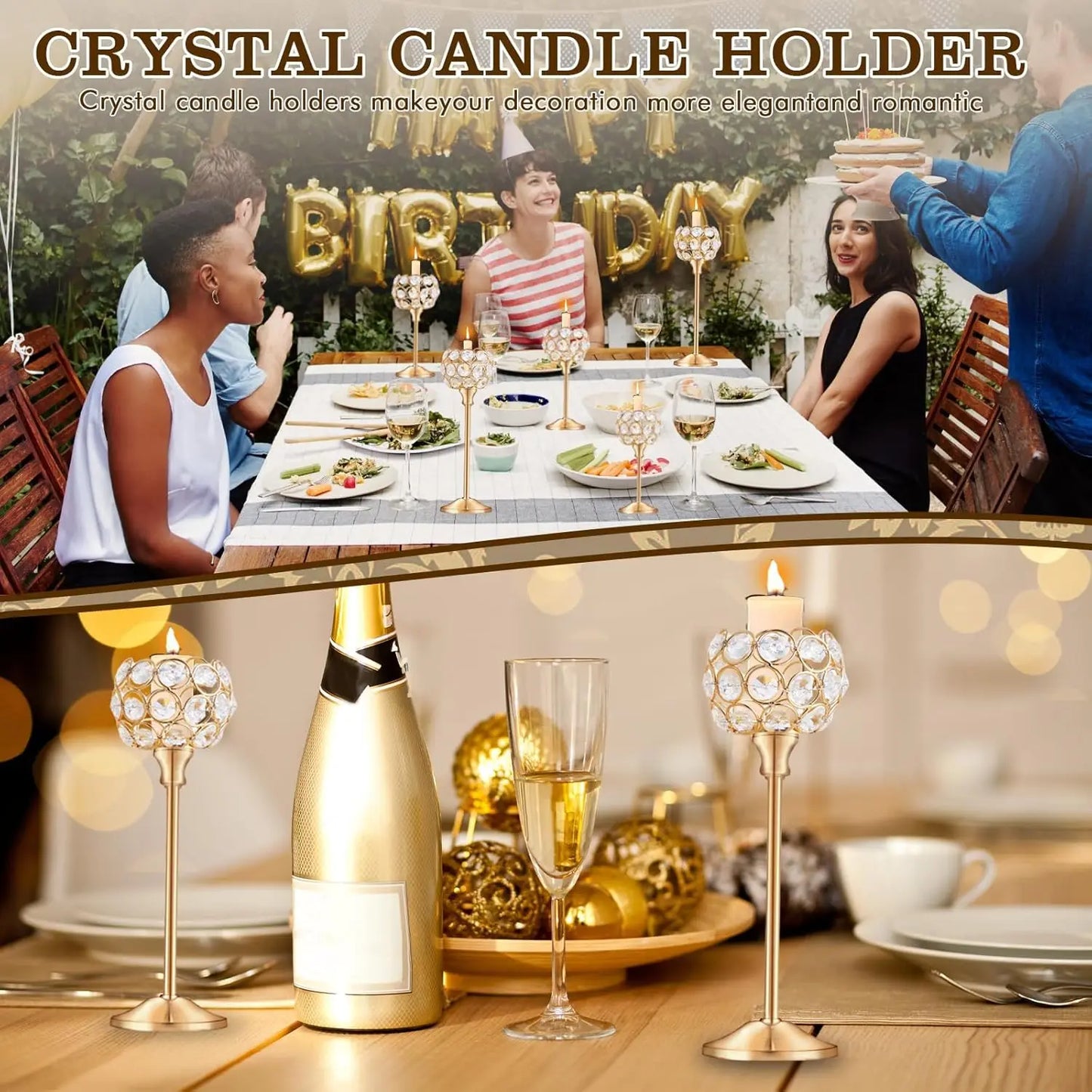 Tealight Candlestick Set Golden Crystal Elegant Home Decor