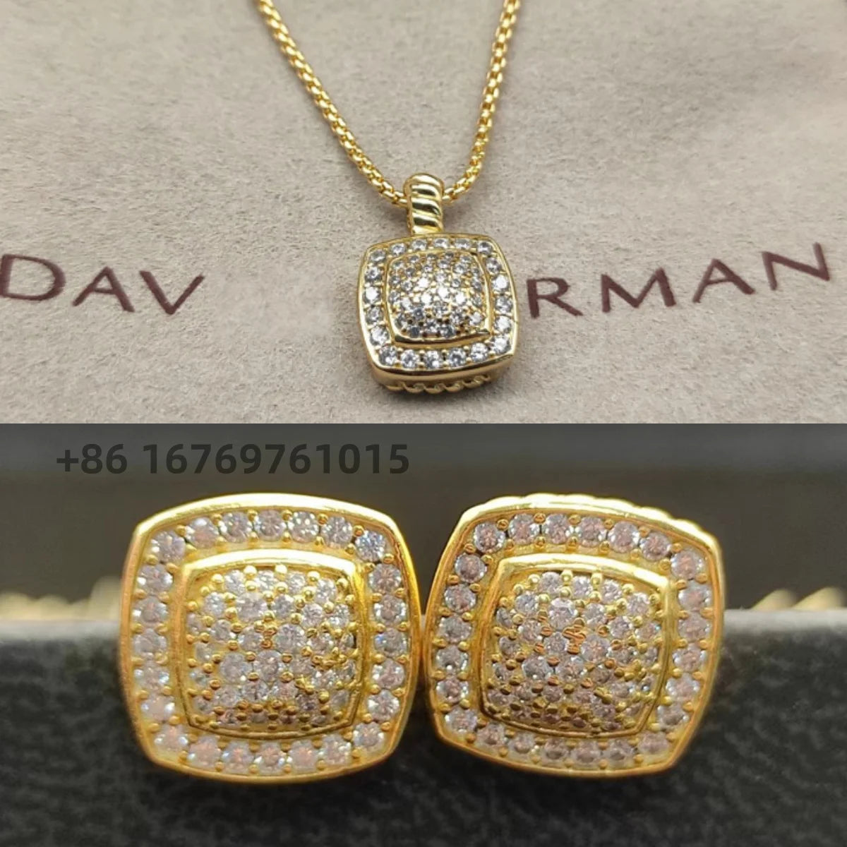 Necklace and Earrings Set With Zircon Square Pendant