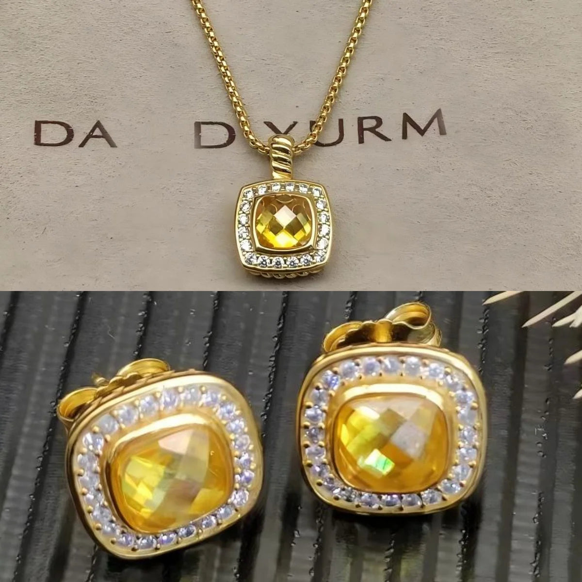 Necklace and Earrings Set With Zircon Square Pendant
