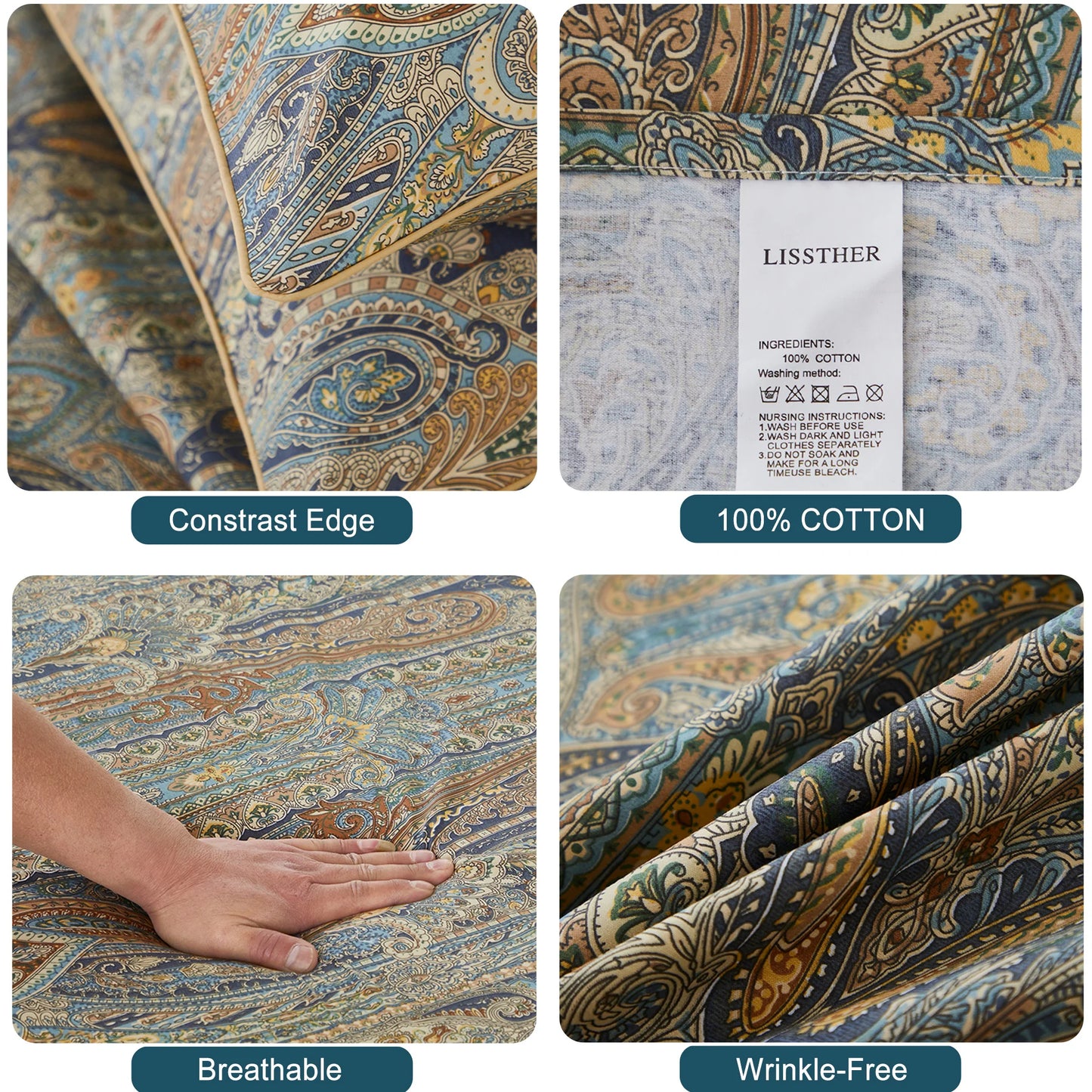 LISSTHERCN Duvet Cover Set 600TC Cotton Vintage Bohemian Paisley