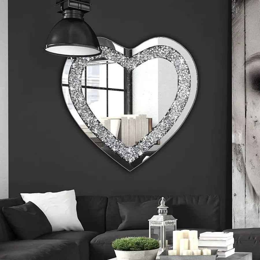 Heart Shaped Frameless Mirror With Crystal Sparkle Accents