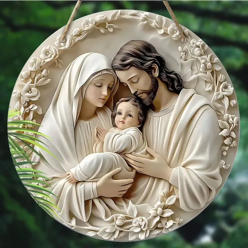 Wooden Round Hanging Sign Baptism Theme Family Decor