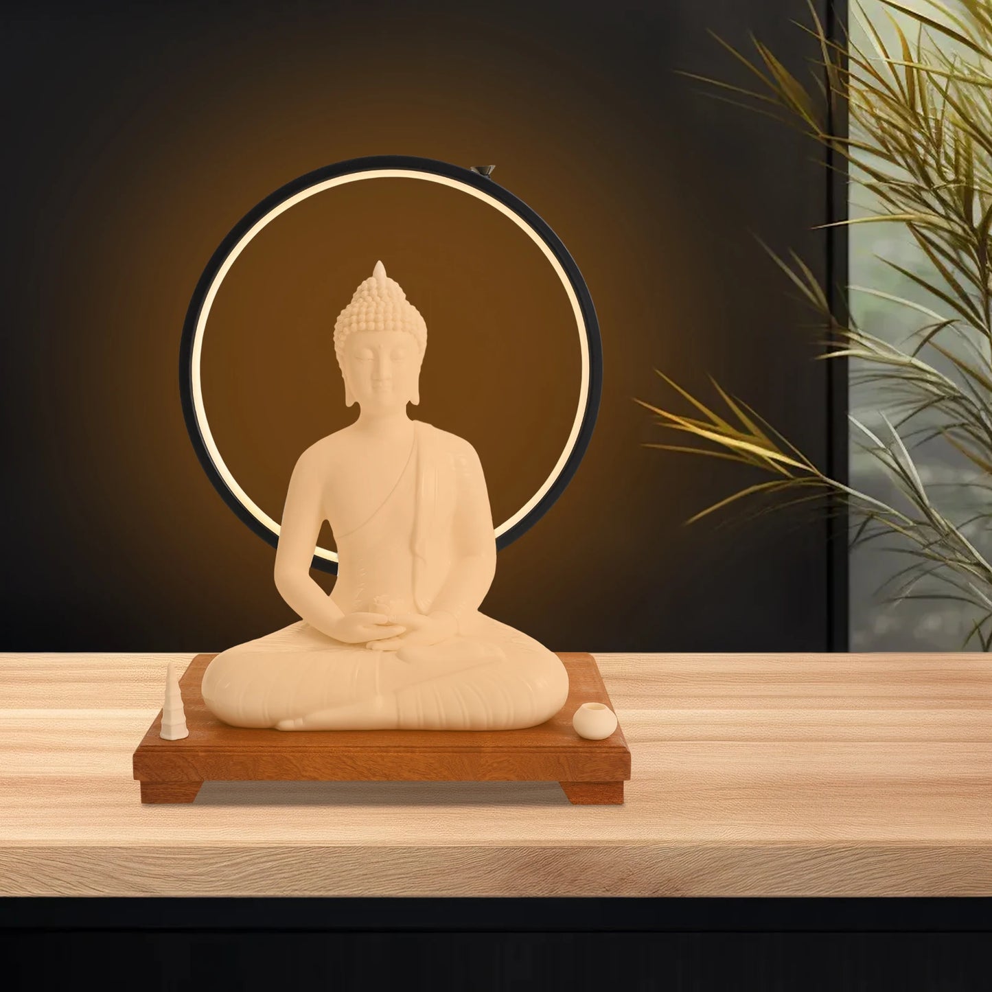 Bymaocar Ceramic Buddha Statue With LED Halo Dimmer