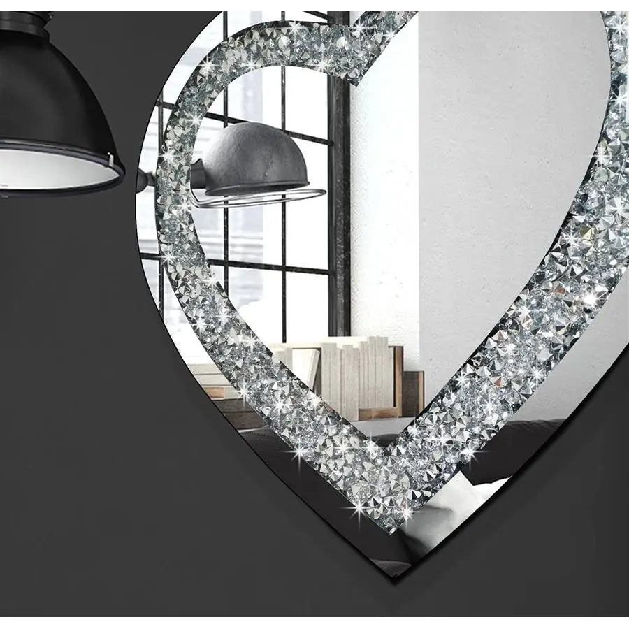 Heart Shaped Frameless Mirror With Crystal Sparkle Accents