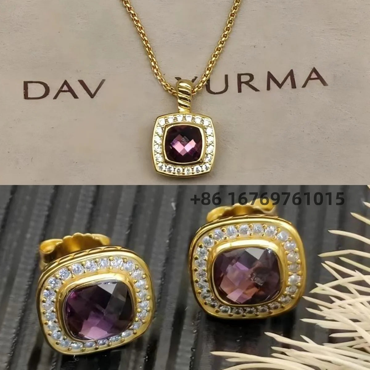 Necklace and Earrings Set With Zircon Square Pendant