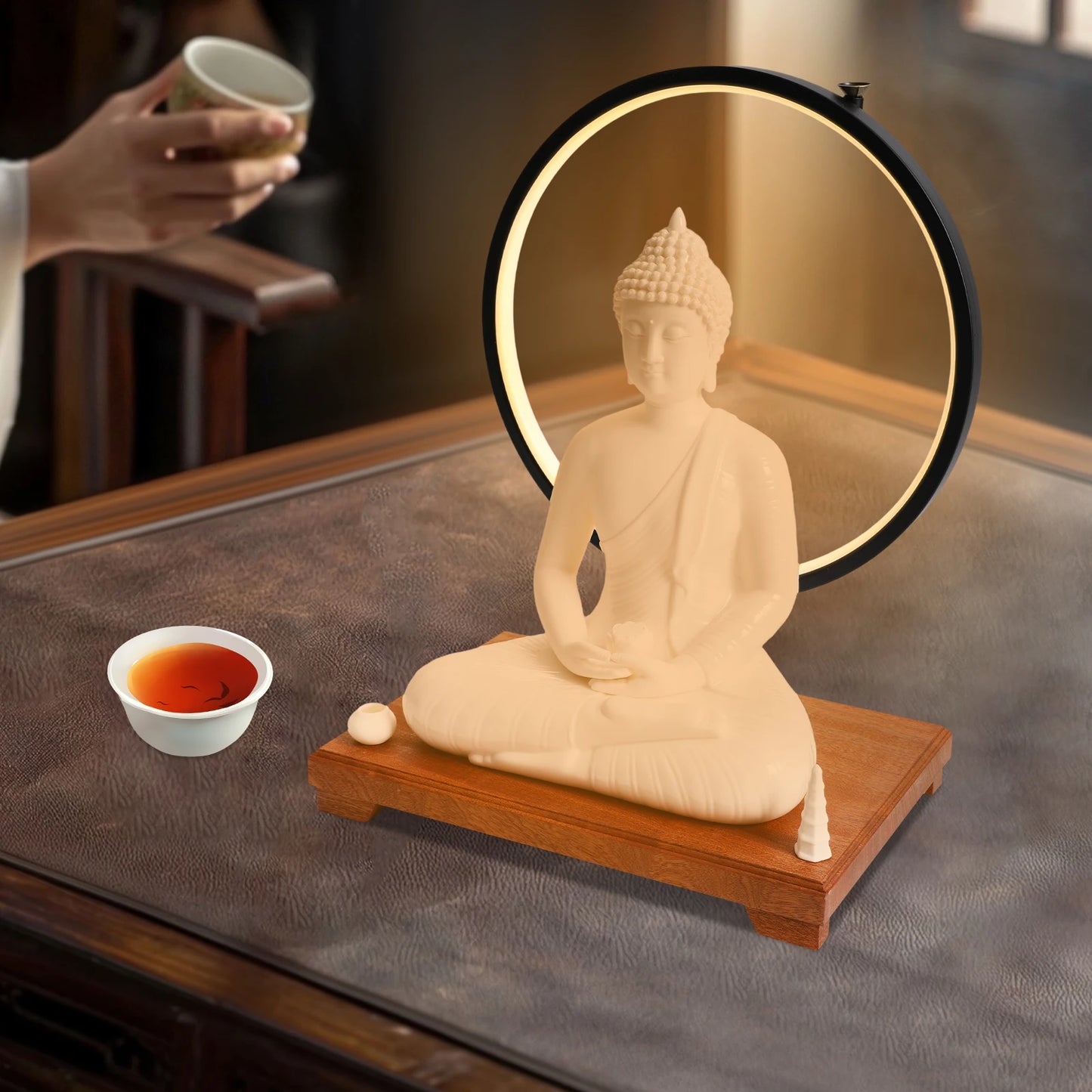 Bymaocar Ceramic Buddha Statue With LED Halo Dimmer