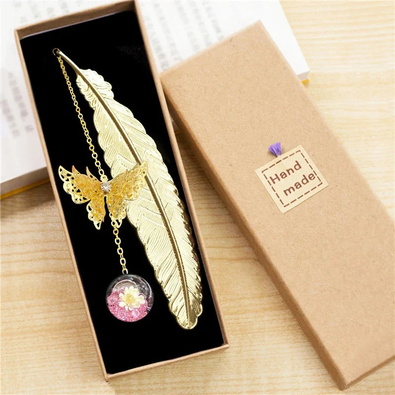 Bookmark Chinese Style Metal Feather With Dried Flowers
