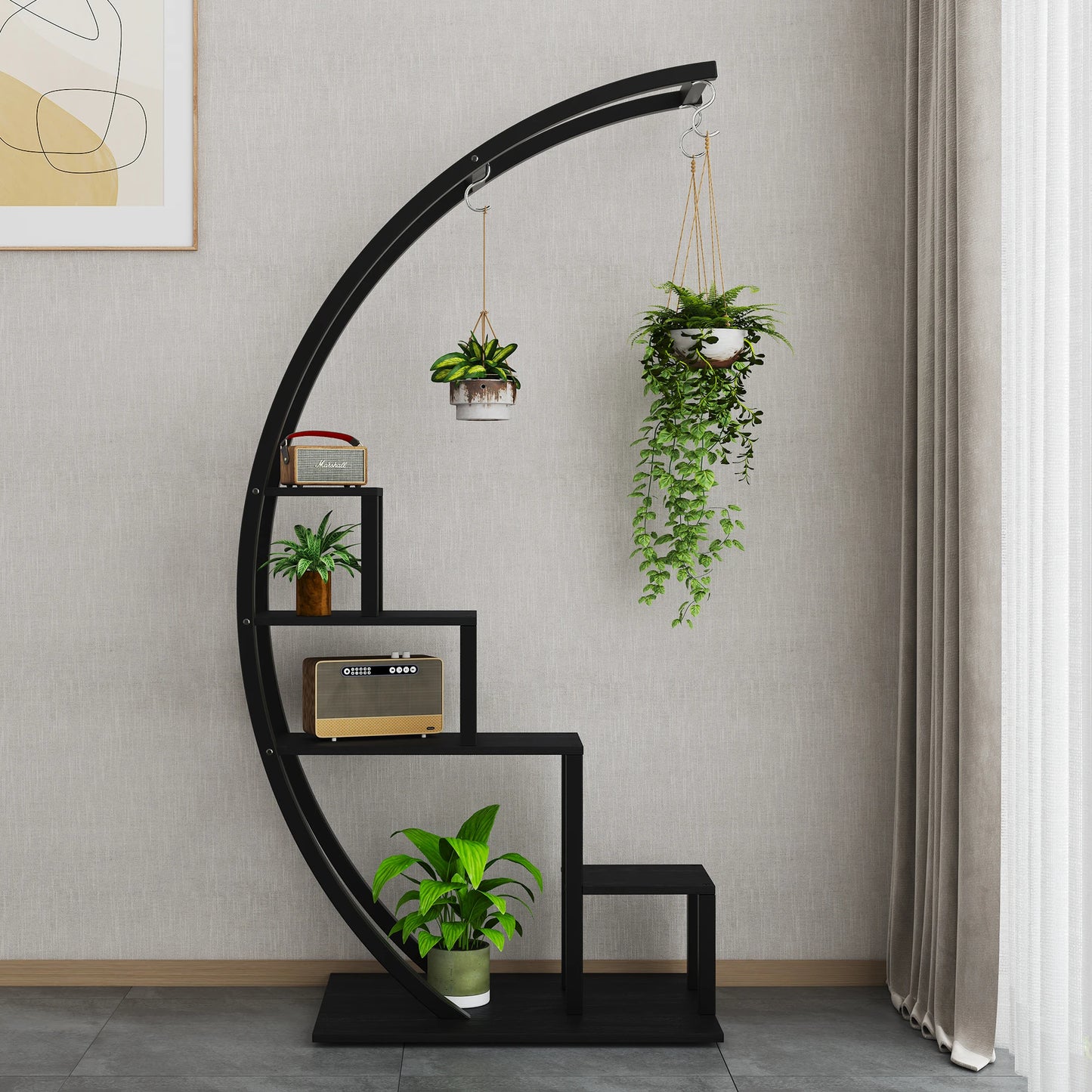 HiMISS Plant Stand 5-Tier Half Moon Metal With Hanging Hooks