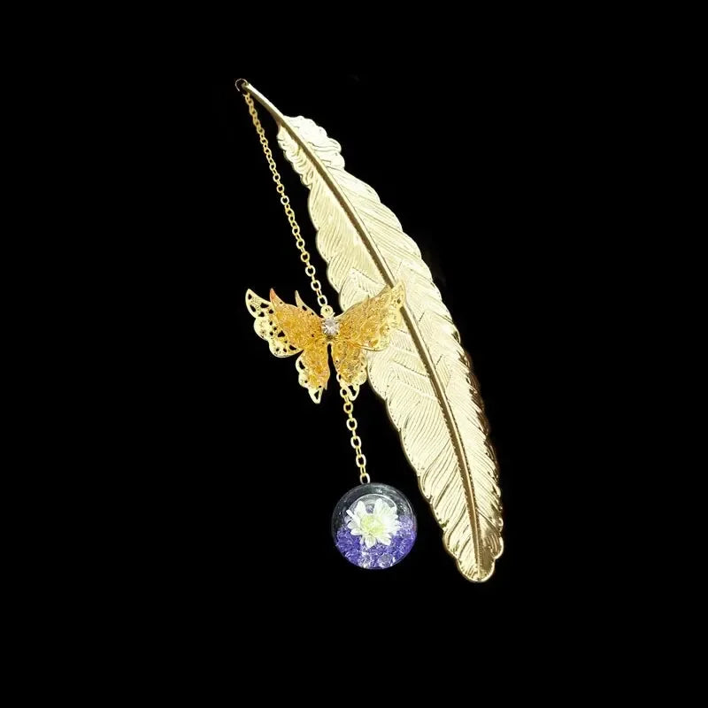 Bookmark Chinese Style Metal Feather With Dried Flowers