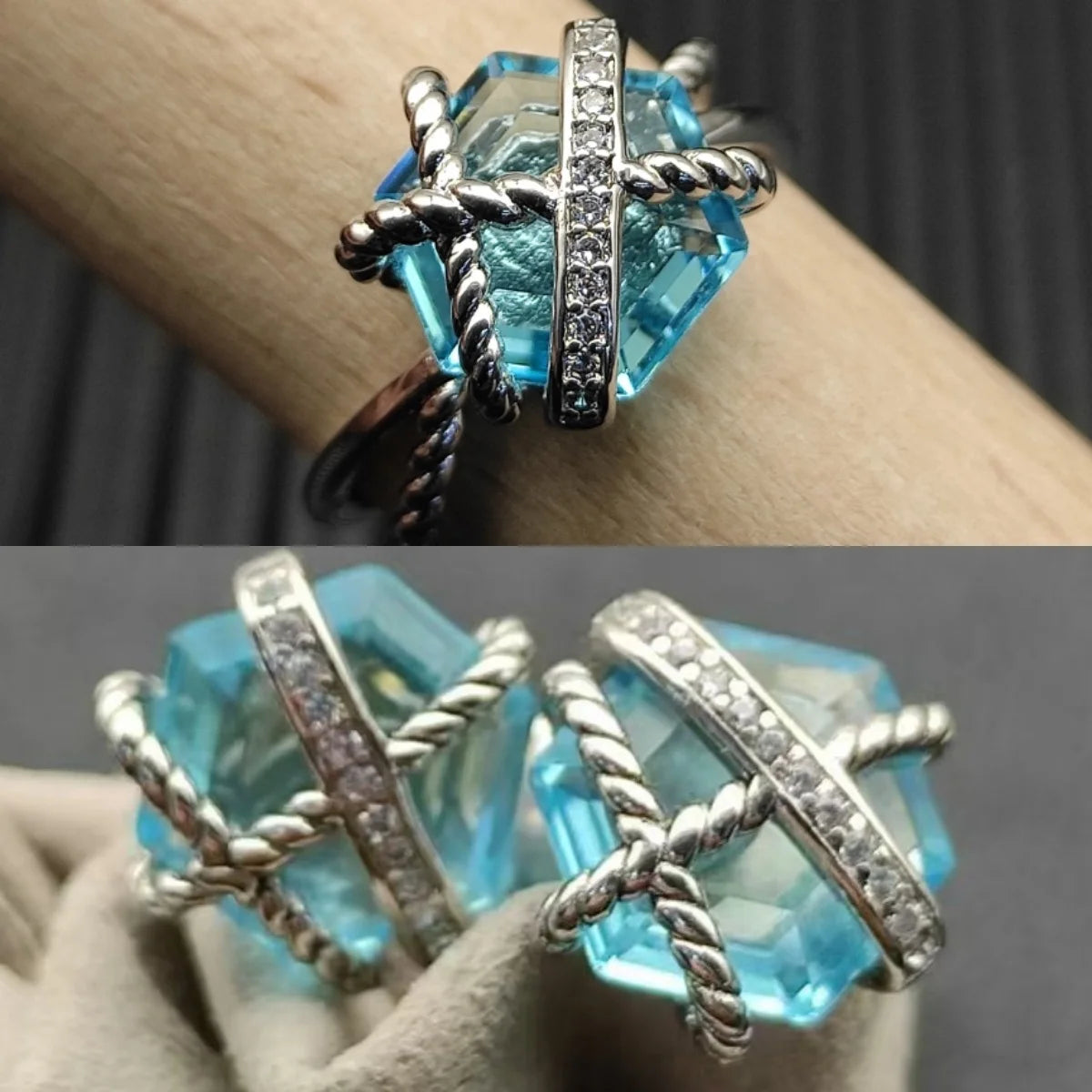Ring Set In Sterling Silver With Hexagonal Zircon Studs